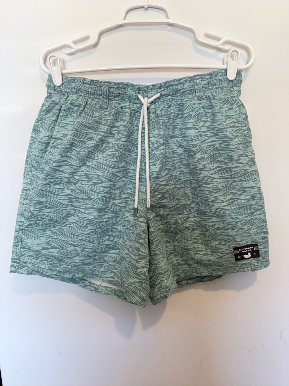 Southern Marsh Aqua Wave Print Swim Trunks with Drawstring